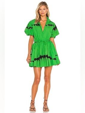 S/W/F Tie-Dye Puff Sleeve Mini Dress in Bright Green